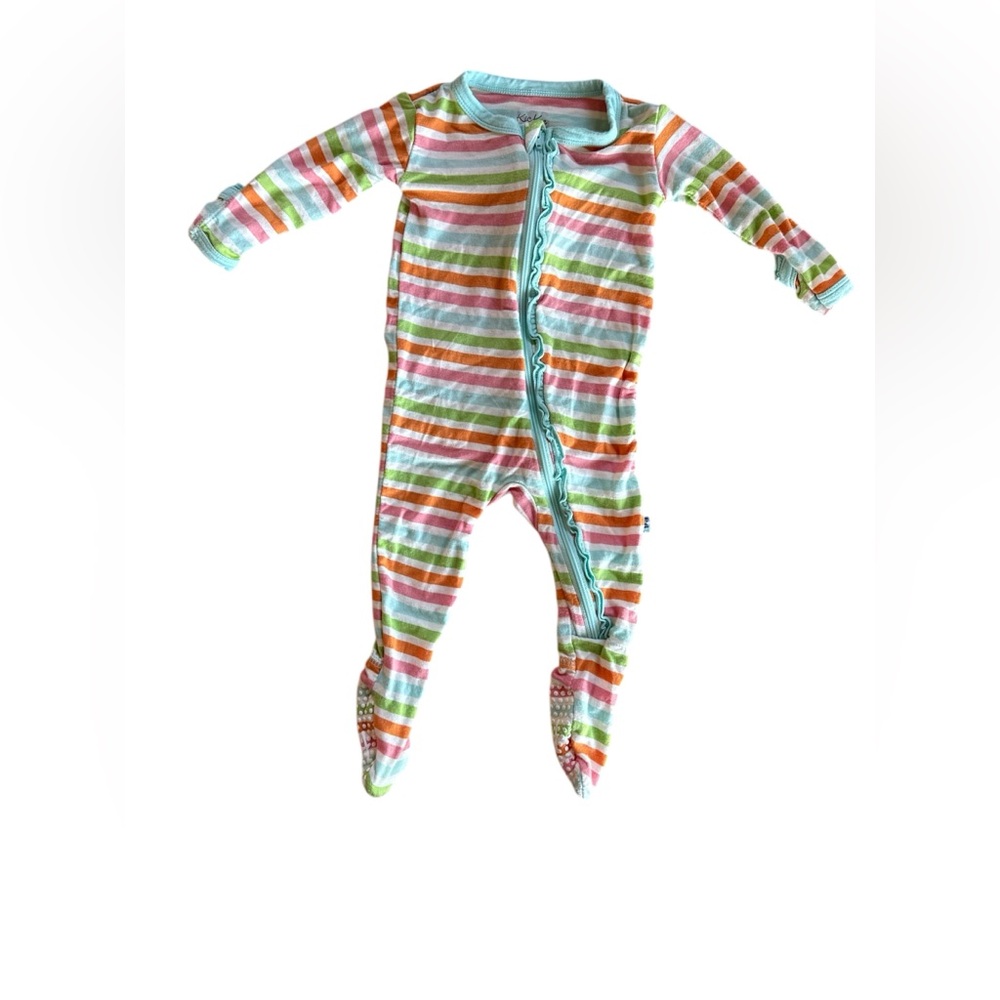 KicKee Pants Ruffle Footie Sleeper 3-6M Pink Green Orange Stripe Bamboo